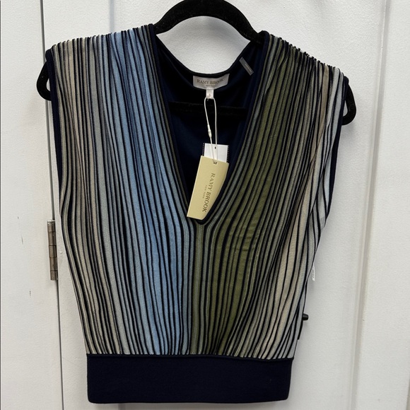 Ramy Brook Blue and Green Striped V-Neck Blouse - Picture 1 of 11